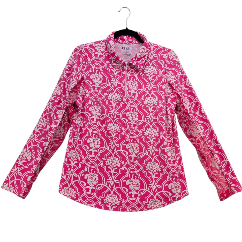 IBKUL Pink White Floral Print Mesh Sleeve 1/4 Zip Pullover UPF Sun Protection Sm